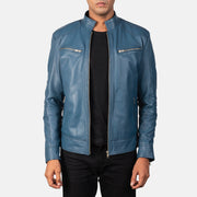 Mack Blue Bikerjacka i Läder för Herr in Blue Sheepskin Leather - Front Profile View &amp; Tailored Silhouette | Buy Online