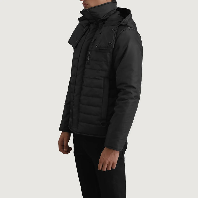 Malcolm Svart Hooded Puffer Läderjacka för Herr
