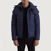 
Malcolm Blå Hooded Puffer Läderjacka för Herr in Blue Full-Grain Leather - Framifrån med skräddarsydd silhuett | Handla online