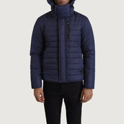 
Närbildsdetalj of Classic Collar & Zipper With Placket Hardware on Malcolm Blå Hooded Puffer Läderjacka för Herr