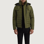 
Malcolm Grön Hooded Puffer Läderjacka för Herr in Green Full-Grain Leather - Framifrån med skräddarsydd silhuett | Handla online