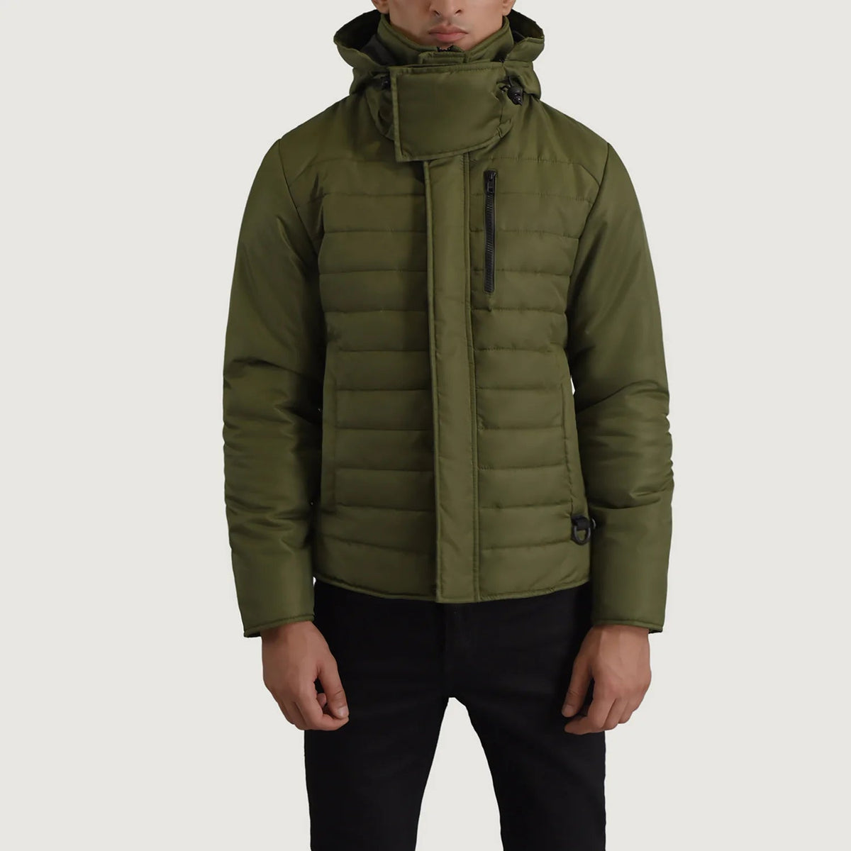 
Malcolm Grön Hooded Puffer Läderjacka för Herr - Sidoprofil som visar ärmskärning