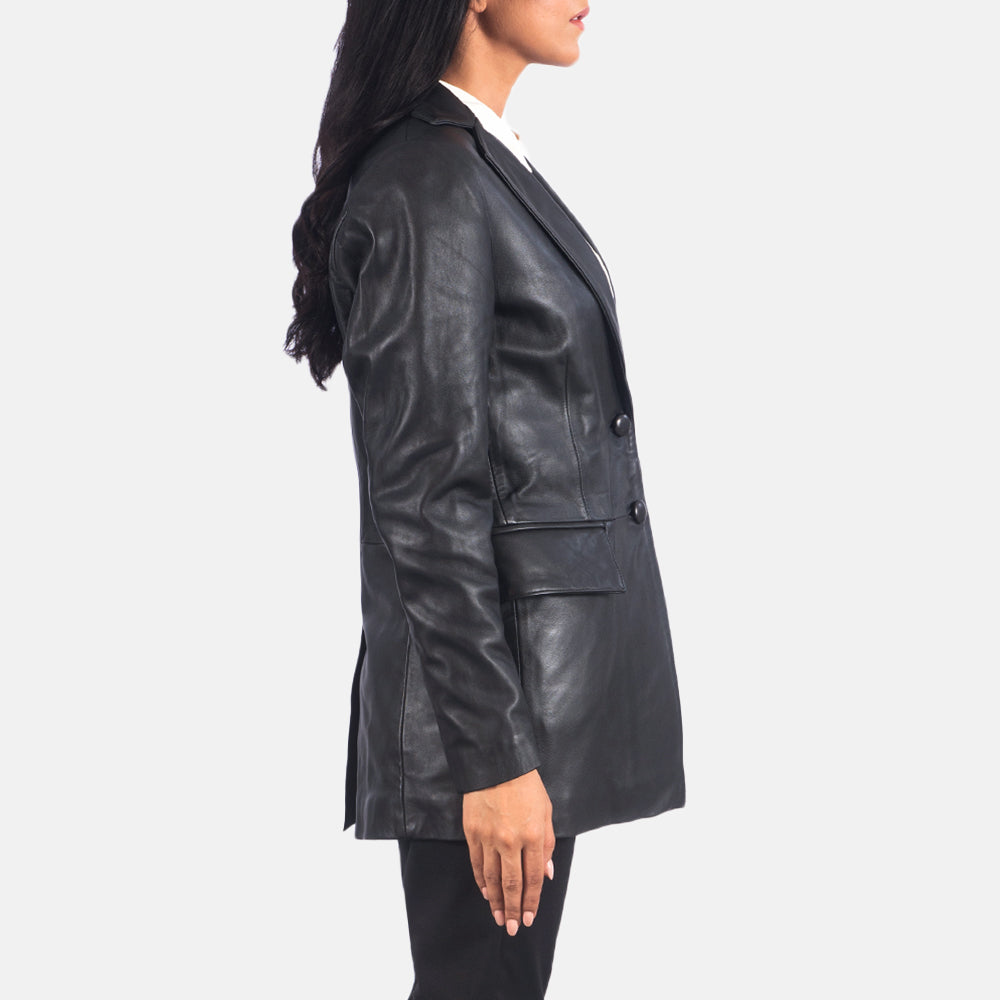 Styled Fit Perspective of Marilyn Tan Brown Leather Blazer on Model - Natural Daylight Drape