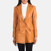 Marilyn Tan Brown Leather Blazer in Tan Brown Sheepskin Leather - Front Profile View &amp; Tailored Silhouette | Buy Online