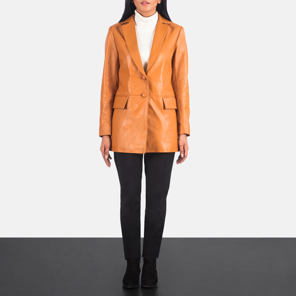 Marilyn Tan Brown Leather Blazer - Lateral Side Profile View Showing Sleeve Cut &amp; Athletic Taper Fit