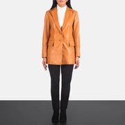Marilyn Tan Brown Leather Blazer - Lateral Side Profile View Showing Sleeve Cut &amp; Athletic Taper Fit