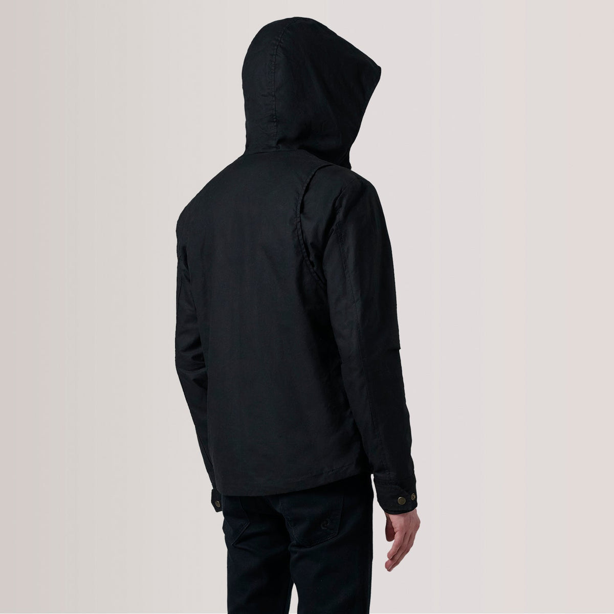 
Närbildsdetalj of Hooded & Zipper with placket Hardware on Marlo Svart Canvas Hooded Work Läderjacka för Herr For Men