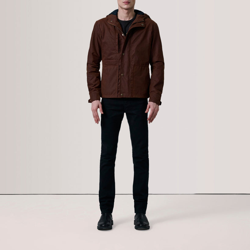 Marlo Brun Canvas Hooded Work Läderjacka för Herr