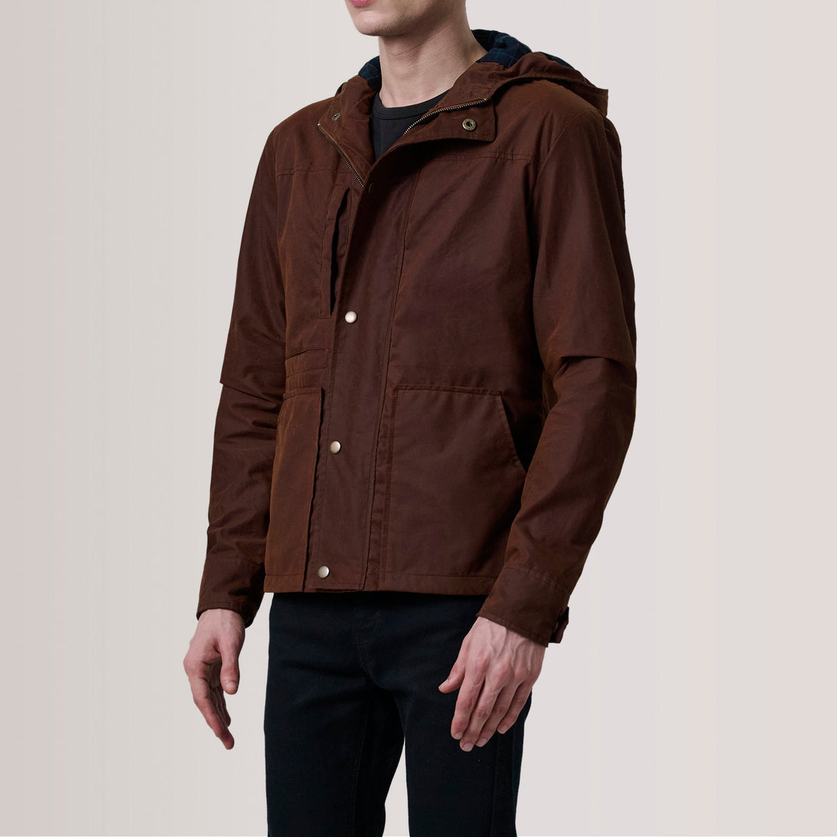 
Marlo Brun Canvas Hooded Work Läderjacka för Herr For Men - Sidoprofil som visar ärmskärning