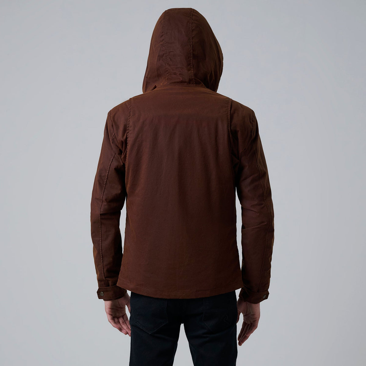 
Närbildsdetalj of Hooded & Zipper with placket Hardware on Marlo Brun Canvas Hooded Work Läderjacka för Herr For Men