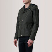 Marlo Olive Canvas Hooded Work Läderjacka för Herr For Men - Lateral Side Profile View Showing Sleeve Cut &amp; Athletic Taper Fit