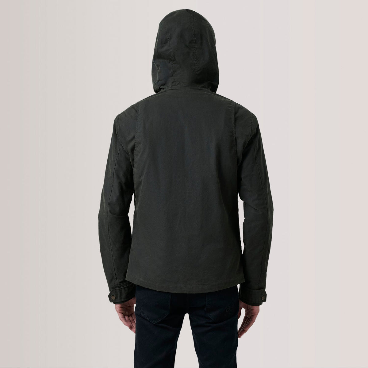 Close-Up Detail of Hooded &amp; Zipper with placket Hardware on Marlo Olive Canvas Hooded Work Läderjacka för Herr For Men