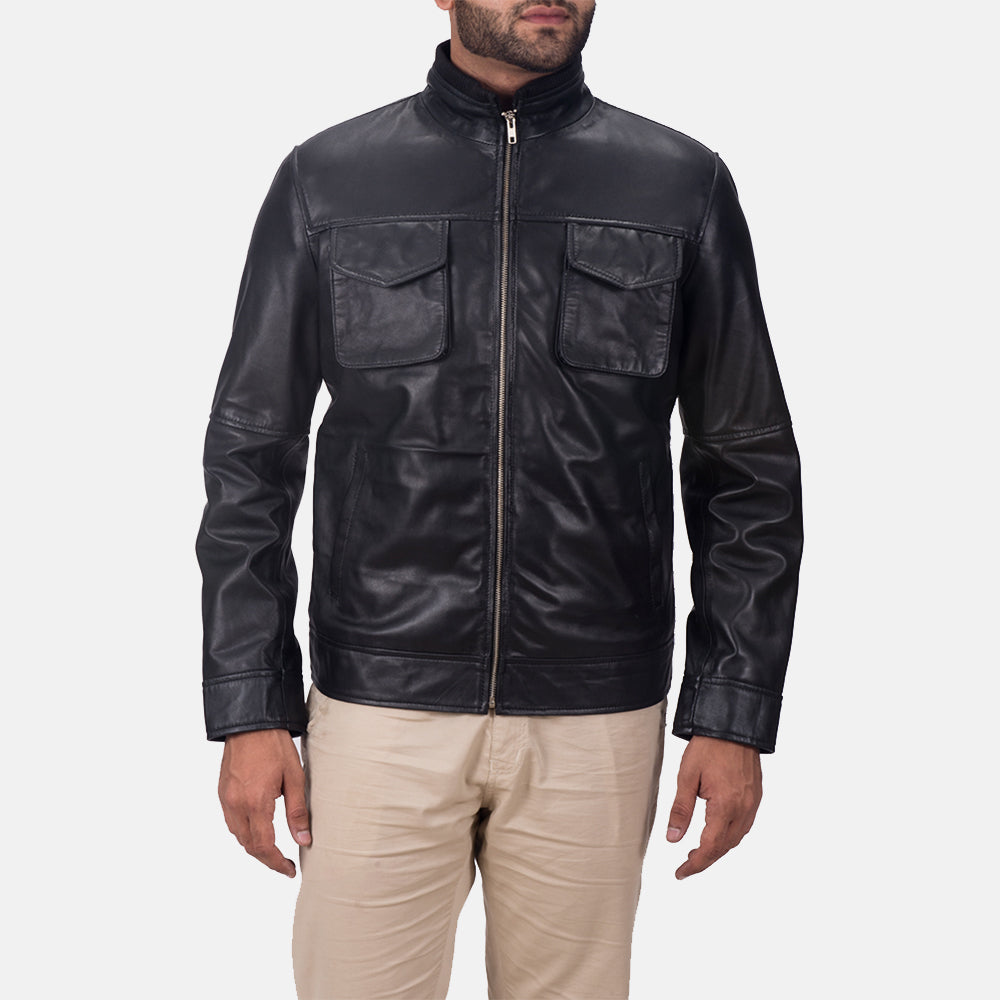 
Maurice Svart Läderjacka för Herr in Black Sheepskin Leather - Framifrån med skräddarsydd silhuett | Handla online