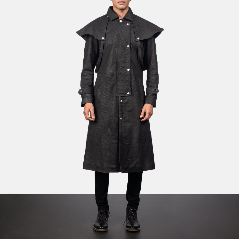 
Maverick Svart Leather Duster för Herr in Distressed Black Sheepskin Snuffed - Framifrån med skräddarsydd silhuett | Handla online