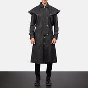 
Maverick Svart Leather Duster för Herr in Distressed Black Sheepskin Snuffed - Framifrån med skräddarsydd silhuett | Handla online