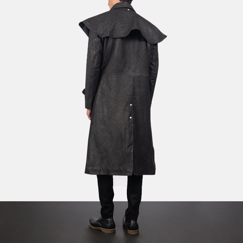 
Maverick Svart Leather Duster för Herr - Sidoprofil som visar ärmskärning