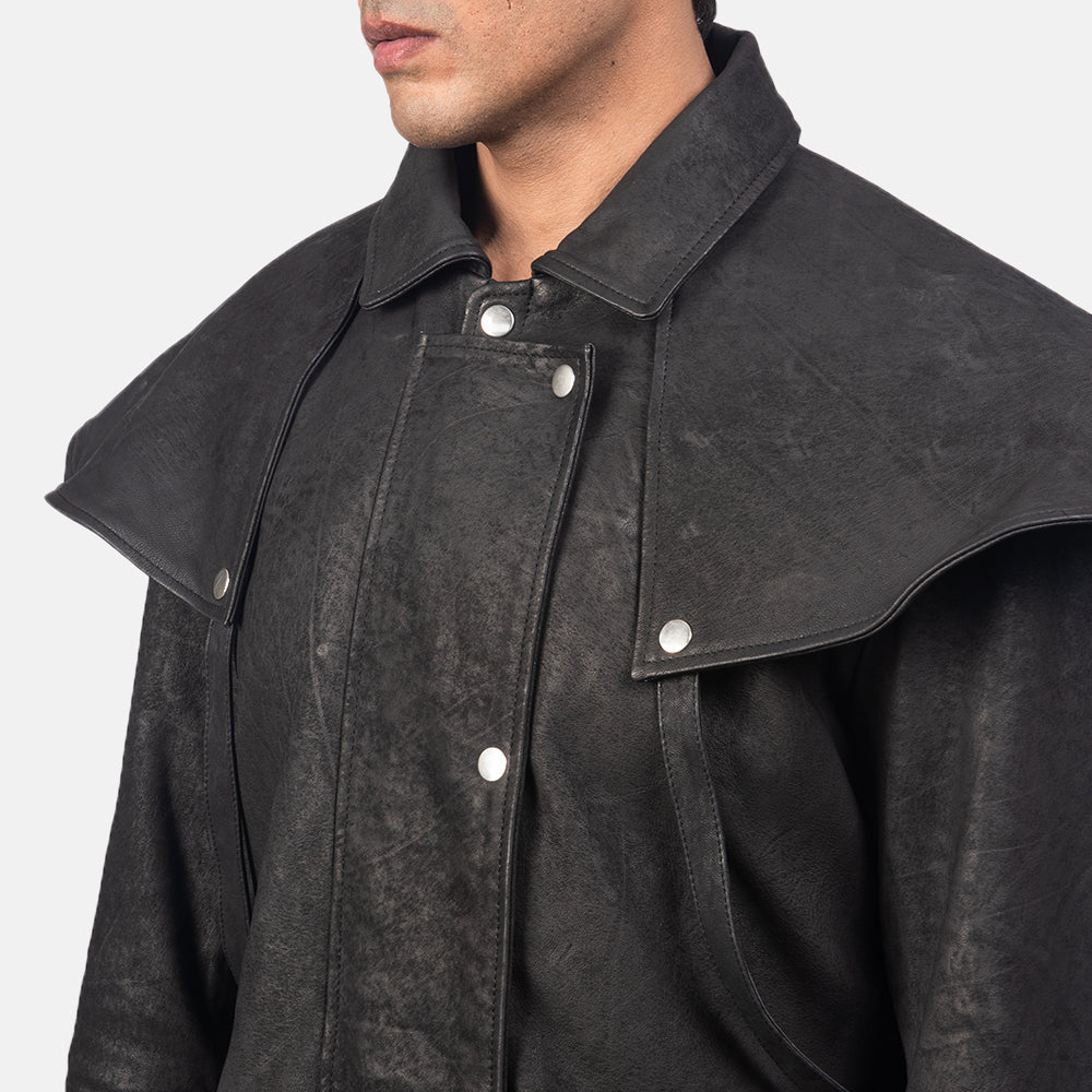 
Närbildsdetalj of Shirt & Heavy-Duty Zipper Hardware on Maverick Svart Leather Duster för Herr
