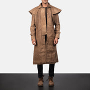 Men's Maverick Brun Leather Duster för Herr in Distressed Brown Sheepskin Snuffed - Front Profile View &amp; Tailored Silhouette | Buy Online