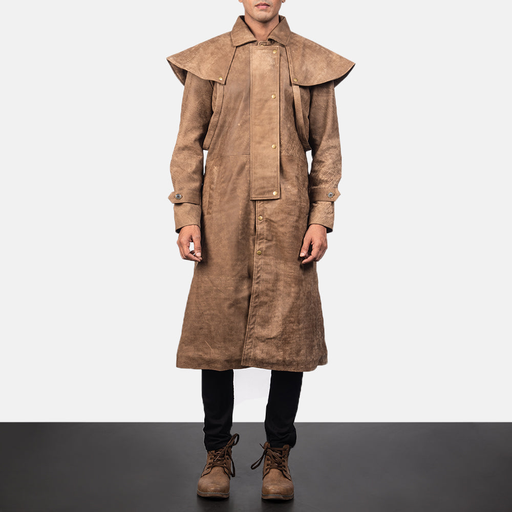 Close-Up Detail of Shirt &amp; Heavy-Duty Zipper Hardware on Men's Maverick Brun Leather Duster för Herr