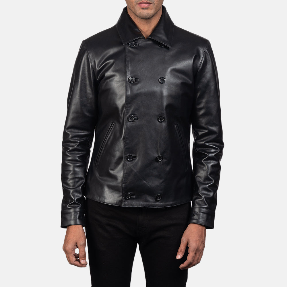 Mod Svart Leather Peacoat för Herr in Black Cowhide Leather - Front Profile View &amp; Tailored Silhouette | Buy Online