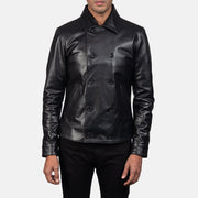Mod Svart Leather Peacoat för Herr in Black Cowhide Leather - Front Profile View &amp; Tailored Silhouette | Buy Online