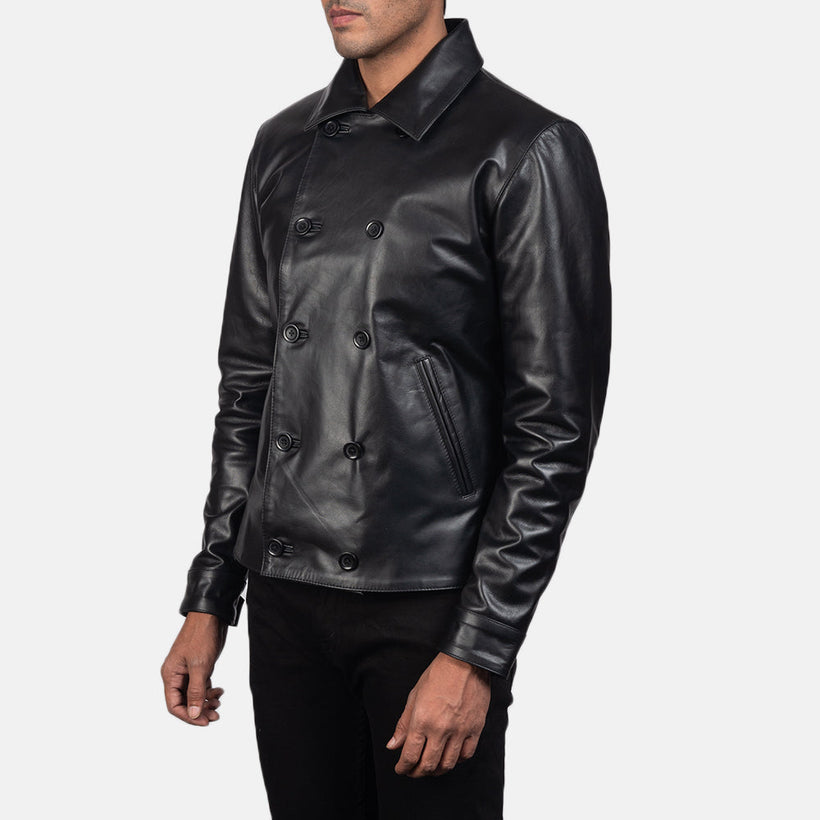 Mod Svart Leather Peacoat för Herr