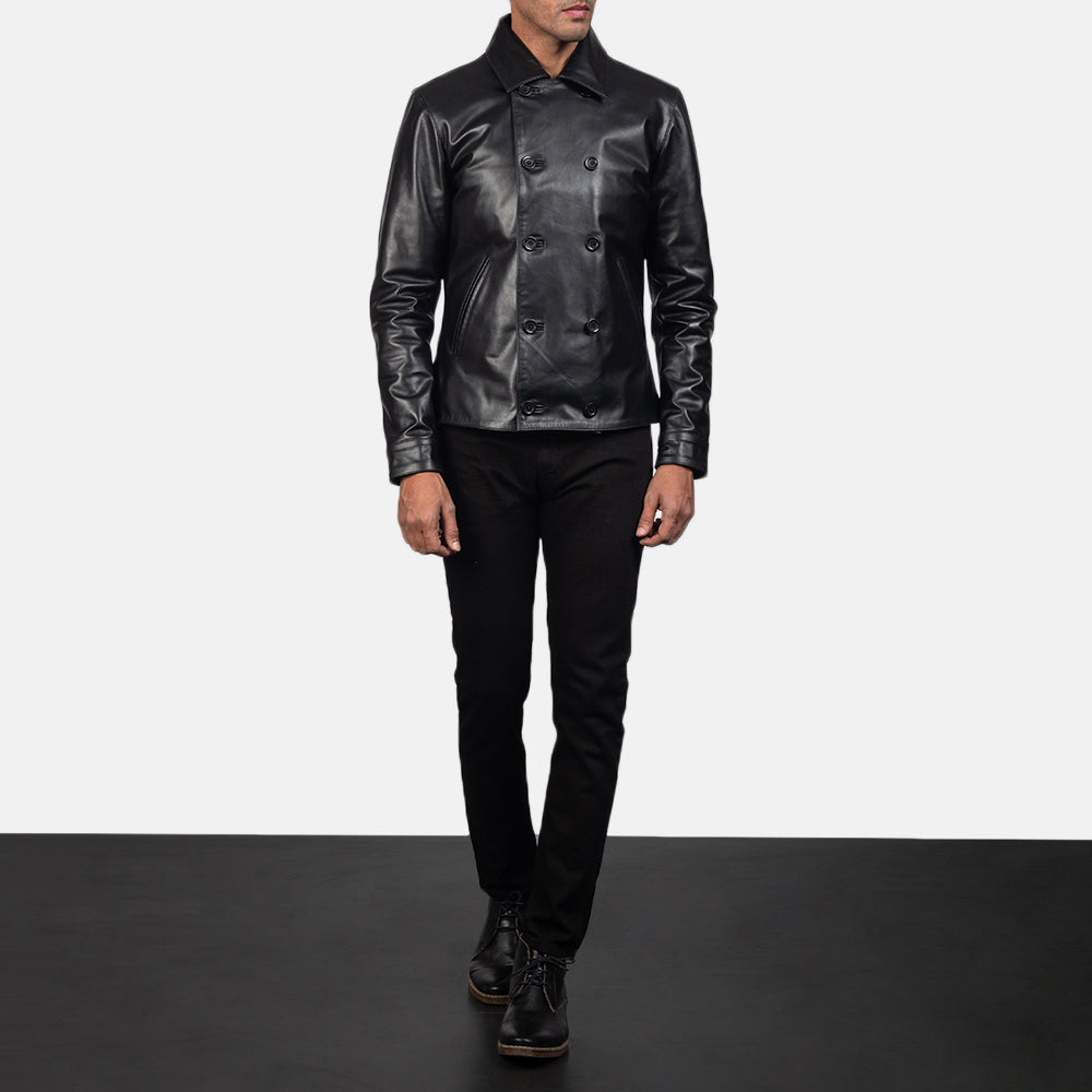 Mod Svart Leather Peacoat för Herr - Lateral Side Profile View Showing Sleeve Cut &amp; Athletic Taper Fit