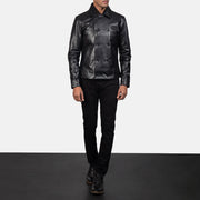 Mod Svart Leather Peacoat för Herr - Lateral Side Profile View Showing Sleeve Cut &amp; Athletic Taper Fit