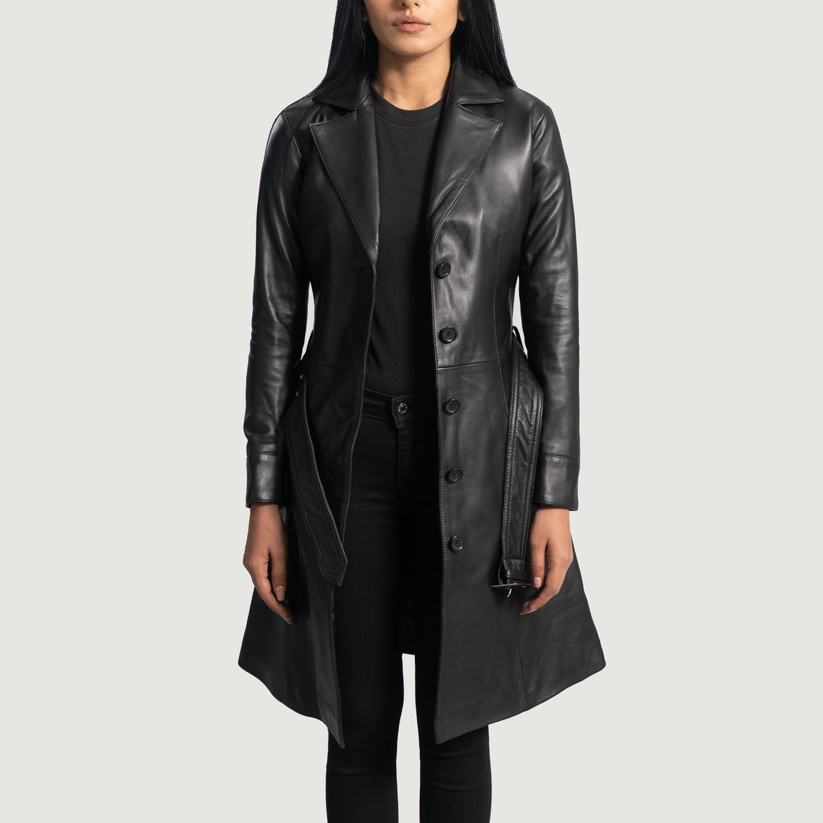 Moonlight Svart Leather Trench Coat för Dam in Black Sheepskin Leather - Front Profile View &amp; Tailored Silhouette | Buy Online