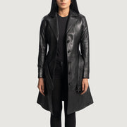 Moonlight Svart Leather Trench Coat för Dam in Black Sheepskin Leather - Front Profile View &amp; Tailored Silhouette | Buy Online