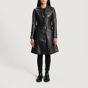 Moonlight Svart Leather Trench Coat för Dam - Lateral Side Profile View Showing Sleeve Cut &amp; Athletic Taper Fit