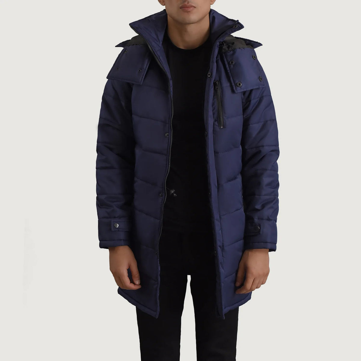 
Moore Blå Hooded Parka för Herr in Blue Full-Grain Leather - Framifrån med skräddarsydd silhuett | Handla online