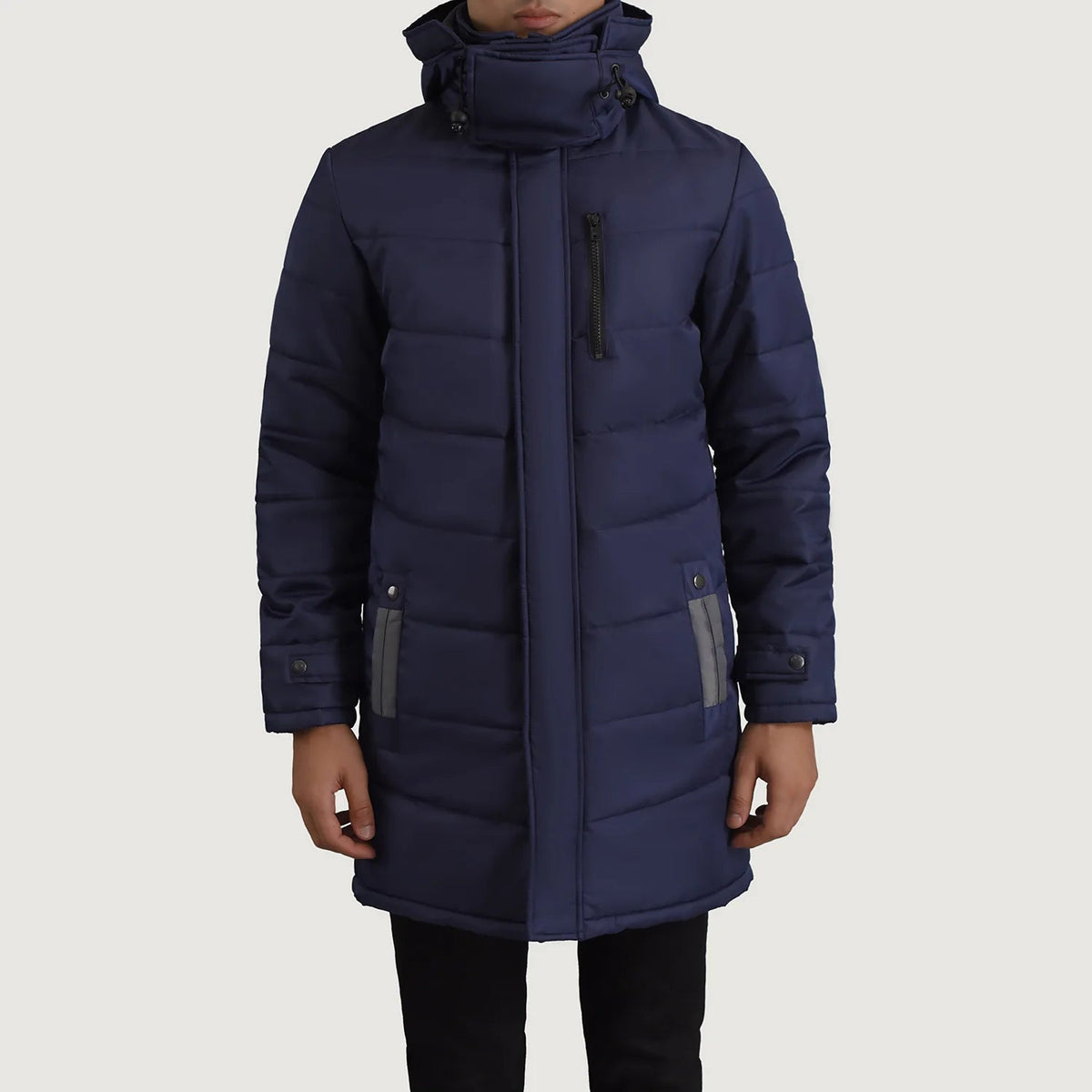 
Närbildsdetalj of Classic Collar & Zipper With Snap Button Placket Hardware on Moore Blå Hooded Parka för Herr