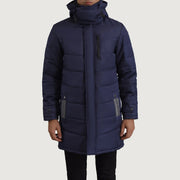 
Närbildsdetalj of Classic Collar & Zipper With Snap Button Placket Hardware on Moore Blå Hooded Parka för Herr