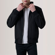 Morrison Svart Canvas Bomberjacka i Läder för Herr For Men in Black Waxed Cotton Canvas - Front Profile View &amp; Tailored Silhouette | Buy Online