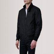 Morrison Svart Canvas Bomberjacka i Läder för Herr For Men - Lateral Side Profile View Showing Sleeve Cut &amp; Athletic Taper Fit