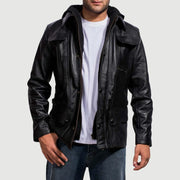 Men's Moulder Hooded Svart Läderjacka för Herr in Black Cowhide Leather - Front Profile View &amp; Tailored Silhouette | Buy Online