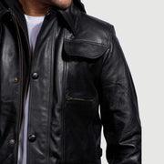 Men's Moulder Hooded Svart Läderjacka för Herr - Lateral Side Profile View Showing Sleeve Cut &amp; Athletic Taper Fit