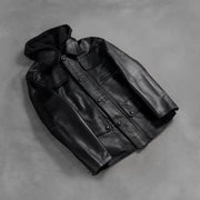 Zipper &amp; Hem Craftsmanship Construction Detail on Men's Moulder Hooded Svart Läderjacka för Herr