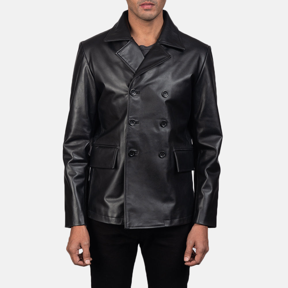 Men's Mr. Bailey Svart Leather Naval Peacoat för Herr in Black Cowhide Leather - Front Profile View &amp; Tailored Silhouette | Buy Online