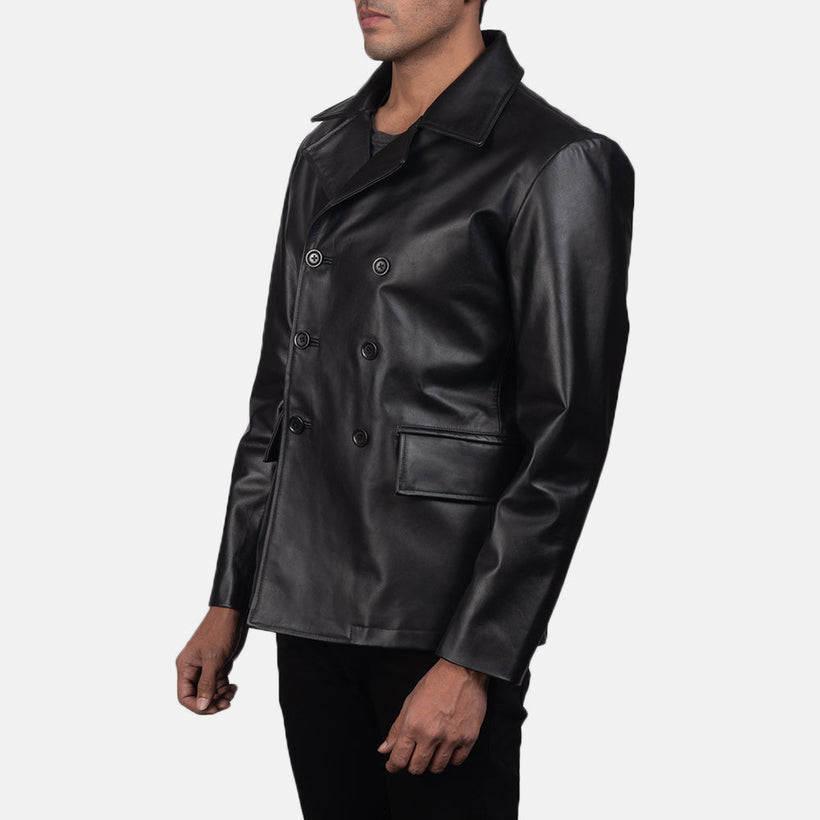 Mr. Bailey Svart Leather Naval Peacoat för Herr