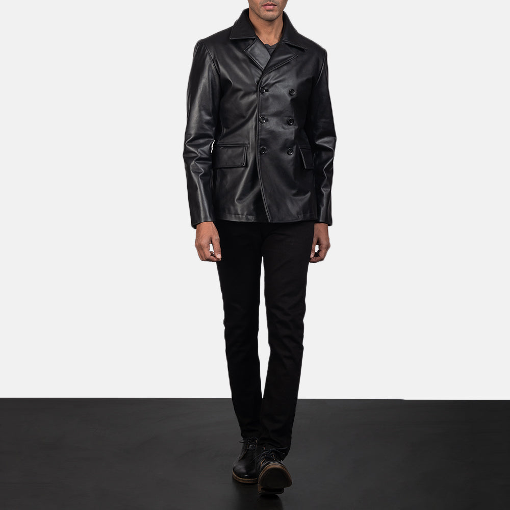 Men's Mr. Bailey Svart Leather Naval Peacoat för Herr - Lateral Side Profile View Showing Sleeve Cut &amp; Athletic Taper Fit