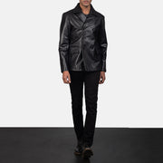 Men's Mr. Bailey Svart Leather Naval Peacoat för Herr - Lateral Side Profile View Showing Sleeve Cut &amp; Athletic Taper Fit