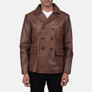 
Mr. Bailey Brun Leather Naval Peacoat för Herr in Brown Cowhide Leather - Framifrån med skräddarsydd silhuett | Handla online
