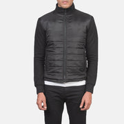 
Närbildsdetalj of High Neck & Zipper with wind flap Hardware on Nashville Quiltad Svart Windbreaker Läderjacka för Herr