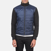 
Närbildsdetalj of High Neck & Zipper with wind flap Hardware on Nashville Quiltad Blå Windbreaker Läderjacka för Herr