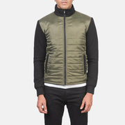 
Närbildsdetalj of High Neck & Zipper with wind flap Hardware on Nashville Quiltad Grön Windbreaker Läderjacka för Herr