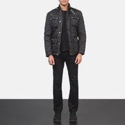 Men's Nelson Quilted Svart Windbreaker Läderjacka för Herr - Lateral Side Profile View Showing Sleeve Cut &amp; Athletic Taper Fit