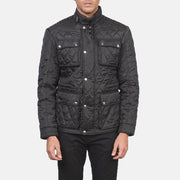 Close-Up Detail of Belted Band &amp; Zipper with Front Button Flap Hardware on Men's Nelson Quilted Svart Windbreaker Läderjacka för Herr