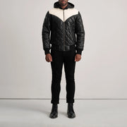 
Norman Tan Hooded Bomber Leather Puffer Jacket - Sidoprofil som visar ärmskärning